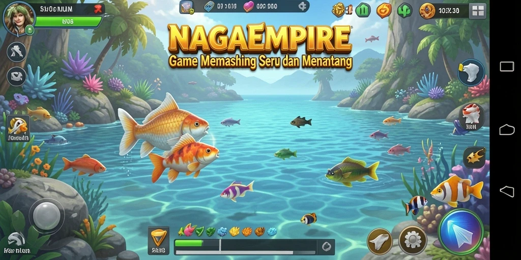 Tampilan gameplay <strong>NAGAEMPIRE</strong> dengan pemandangan laut yang menakjubkan.